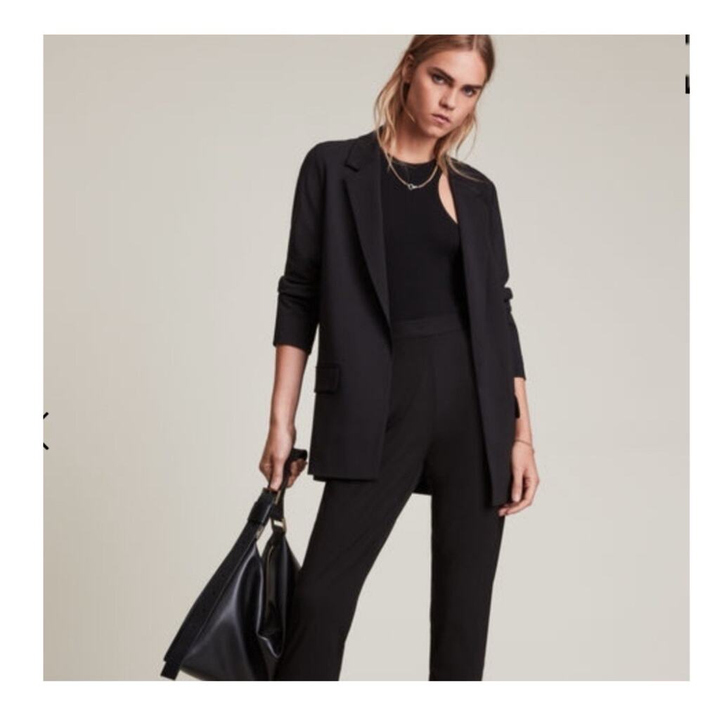 All Saints Aleida Longline Blazer Size 6 Black Open Front Minimalist Career Luxe